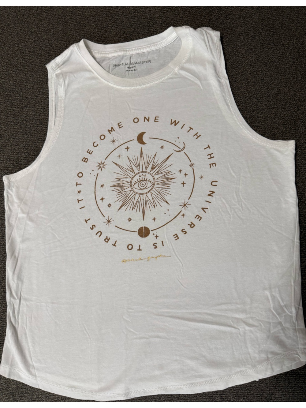 Spiritual Gangster White Men’s Graphic Tank with Brown Celestial Print
